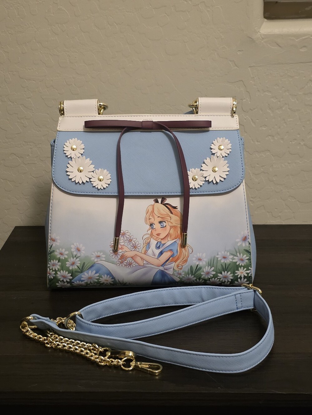 Loungefly Alice In Wonderland Light Blue Floral Crossbody Bag with Daisy Accents
